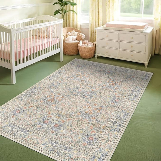 Washable Beige Blue 5x8 Area Rug for Large Entryway, Living Room, Kids Room, Boy Nursery Room, Bedroom Rug - Vintage Oriental Low Pile Non Slip & Stain Resistance (5x8 Beige Blue)