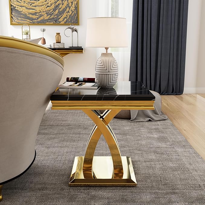 AUZ Black Gold Coffee Table Set of 2, Living Room Table Set with X- Shape Design Polished Stainless Steel Frame