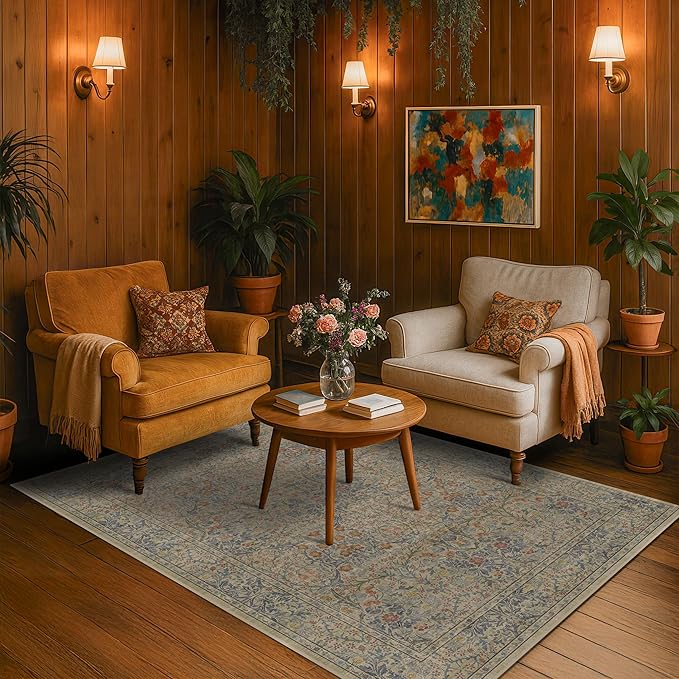 Beige Blue Living Room Rug 5x7, Cottage Area Rug for Bedroom, Vintage Washable Floral Mat for Nursery, Office, Low Pile Non Slip Stain Resistance French Country Style Retro Indoor (5x7 Beige Blue)