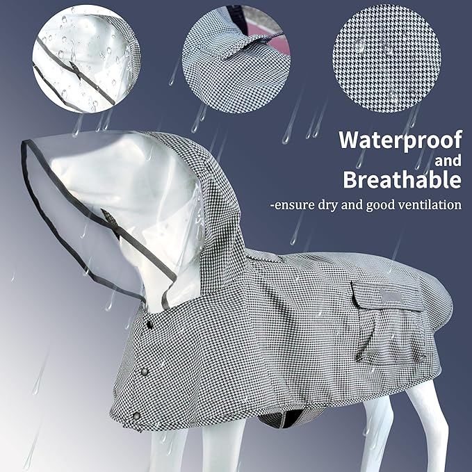 Waterproof Dog Raincoat, Adjustable Reflective Lightweight Pet Rain Clothes with Poncho Hood(Small,Black&White)