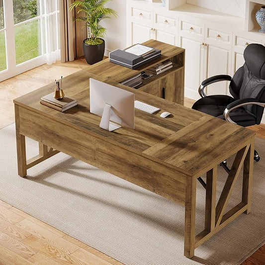 Tribesigns L Shaped Desk with Drawer Cabinet, 63" Executive Computer Desk and lateral File Cabinet, 2 Piece Home Office Furniture with Drawers for Hanging, Door (Rustic Brown, 63 inches)