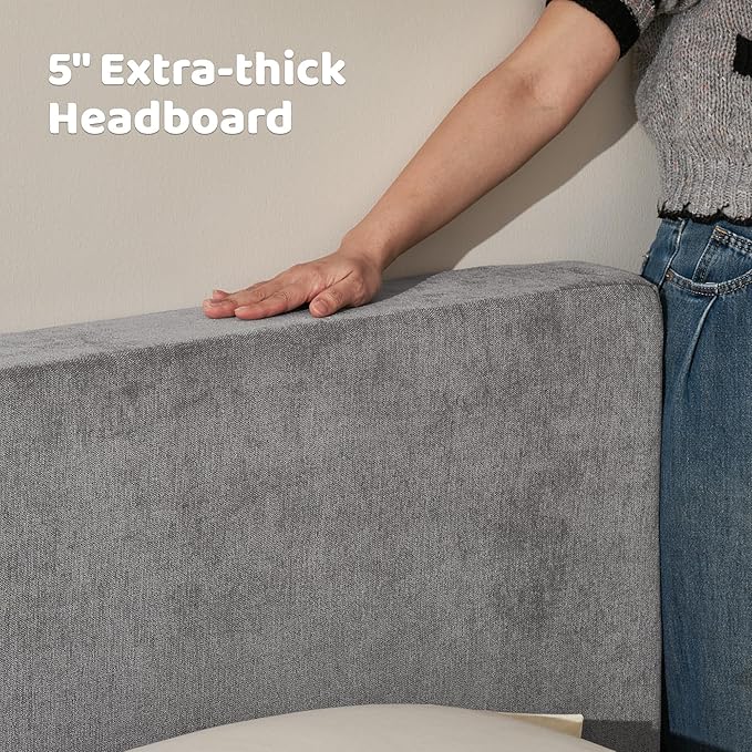 RECCI Cloud Upholstered Queen Bed Frame with Headboard, 5 Inch Foam Padded Platform, No Box Spring, Easy Assembly (Moon)