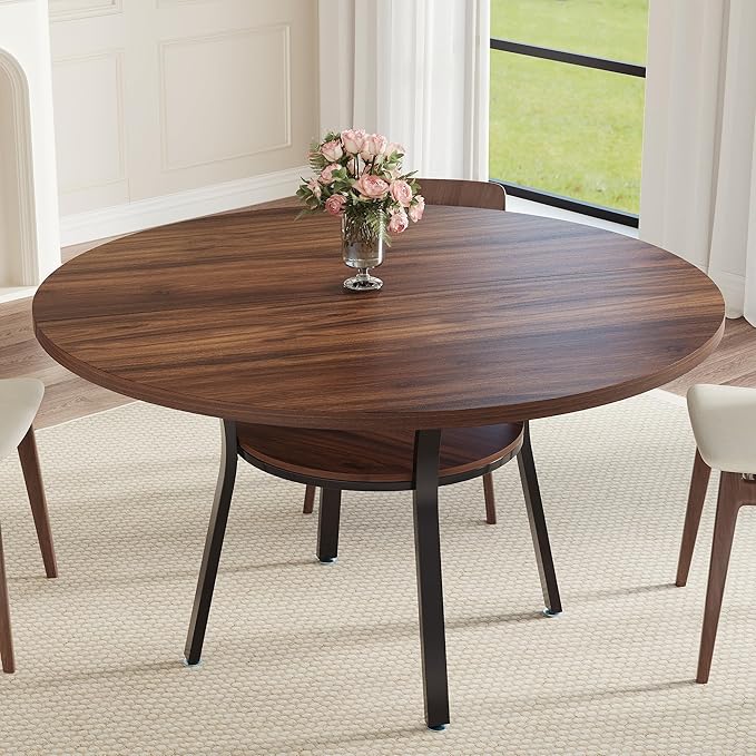 Garvee 47'' Round Dining Table for 4-6 People, Farmhouse Kitchen Dining Table, Round Dinner Table with Storage Shelf for Kitchen, Living Room (Table Only), Walnut