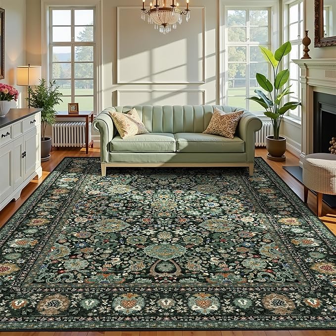 6x9 Vintage Rugs for Dining Room, Washable Rugs Non Slip Large Area Rug for Living Room Bedroom Office, Floor Decoration Big Rug Low-Pile Kid & Pet Friendly(Dark Green