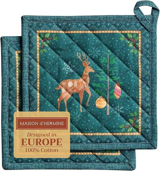 Maison d' Hermine Pot Holders Set 100% Cotton Heat Resistant Potholders 8" x 8" Hot Pads with Loop for Thanksgiving Christmas Decorations BBQ Baking Handling Hot Pans (Pack of 2, Hygge Christmas)