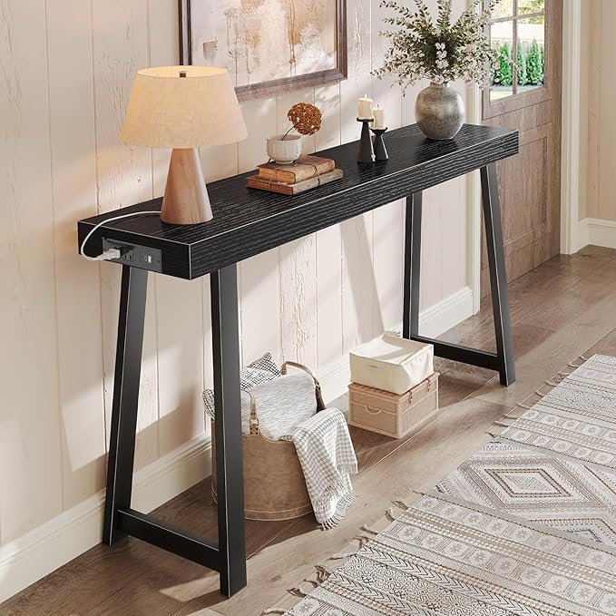 Huuger Entryway Console Table with Charging Station, USB-C Port, 53.9 Inch Sofa Table with Metal Legs, Entry Hallway Table with Deeper Desktop, Modern Behind Couch Table, Black