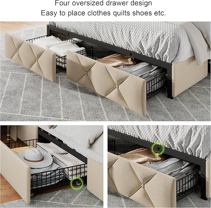 Feonase Queen Bed Frame with 4 Storage Drawers, Upholstered Button Tufted 4" Storage Headboard with Fast Charging Station, Heavy Duty Slats Support, No Box Spring Needed, Noise-Free, Beige