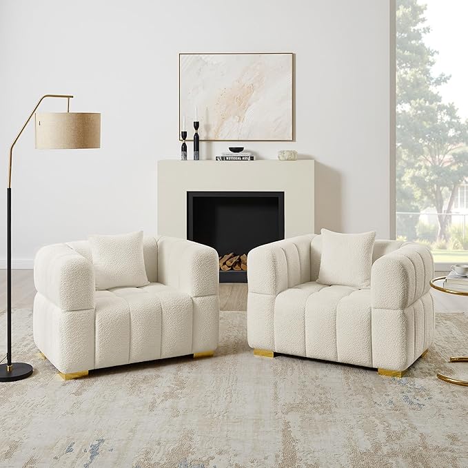 VANOMi Oversized Accent Chairs Set of 2, Boucle Arm Chair with Deep Seat, Oversized Comfy Reading Chair for Living Room, Bedroom, Office, Apartment，White (2 Piece)