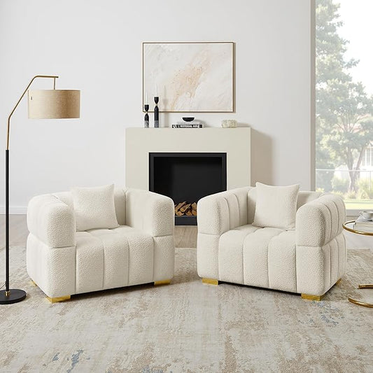 VANOMi Oversized Accent Chairs Set of 2, Boucle Arm Chair with Deep Seat, Oversized Comfy Reading Chair for Living Room, Bedroom, Office, Apartment，White (2 Piece)