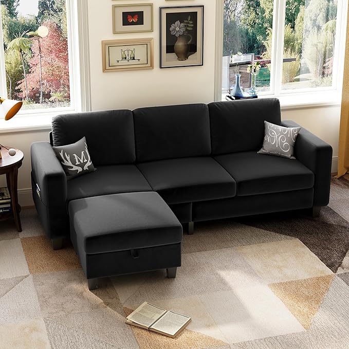 Sectional Sofa Couches for Living Room, 78'' Black 3 Seater L-Shaped Couch with Storage Ottoman, Comfy Velvet Convertible Sectionals Sofas with Chaise for Apartment, Office, Small Space