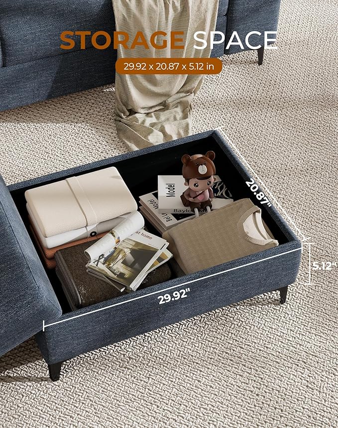 71.25" L Shaped Sectional Couches for Living Room, Deep Seat Sofa with Big Storage Ottoman & 8”Cushion, Comfy 2-Seater Chenille Loveseat, Convertible Armrest, Removable Cover for Small Space(Blue)