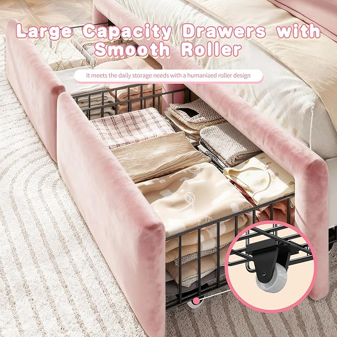 EnHomee Queen Bed Frame with LED, Velvet Upholstered Cloud Headboard and 2 Drawers, Bed Frame Queen Size with Height Adjustable Headboard, Solid Wooden Slats, No Box Spring Needed, Easy Assembly, Pink