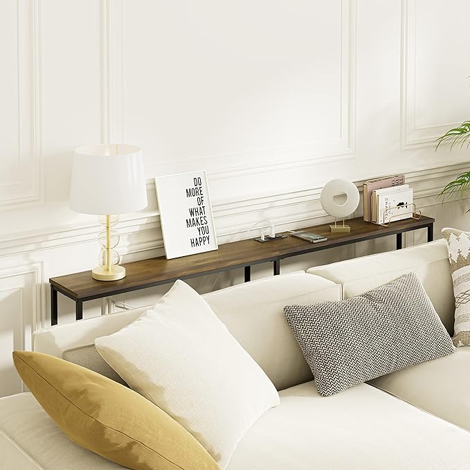 63 Inch Console Table with Power Outlet,Modern Narrow Long Sofa Table Behind Couch,Skinny Entry Table with Black Metal Frame for Entryway,Living Room, Hallway,Walnut Brown