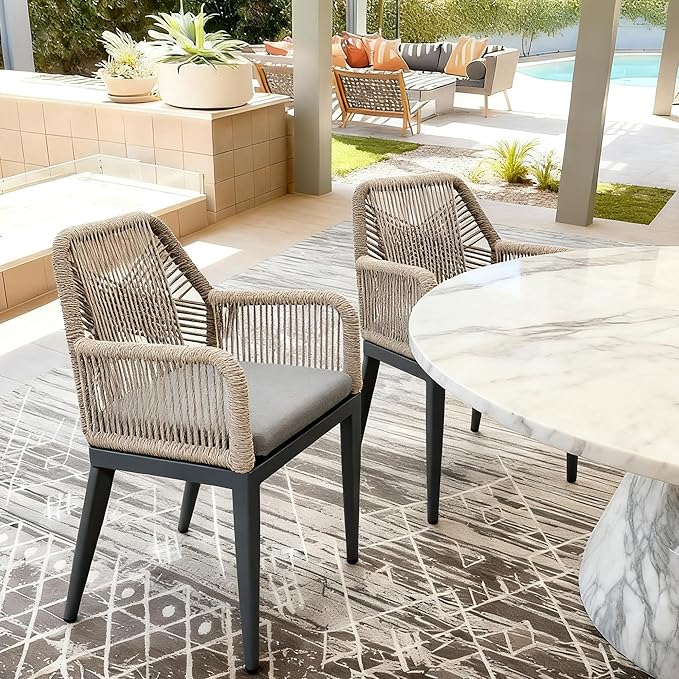 PURPLE LEAF Patio Dining Chair Set 2 Pieces Metal Modern Furniture Seating for Garden Kitchen Porch Outdoor Rattan Dining Chairs with Armrests and Cushions, Dark Grey