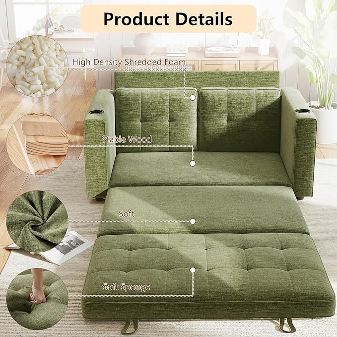 WorthFurni Convertible Sofa Bed, Folding Sofa Bed 2 in1 Pull Out Loveseat Sleeper Sofa, Floor Sofa Bed for Small Spaces Folding Couch Bed with Pillows for Living Room Bedroom - Green