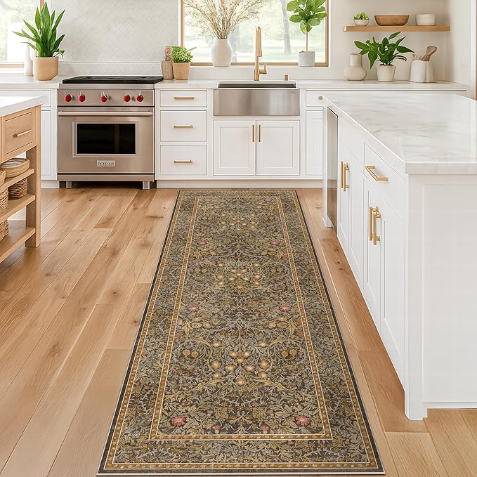 Non Slip 2x8 Gold Brown Long Hallway Runner Rug - Washable Entryway Rug, Stain Resistant Kitchen Floor Mat - Vintage Floral Indoor Décor, Low Pile & Soft Carpet
