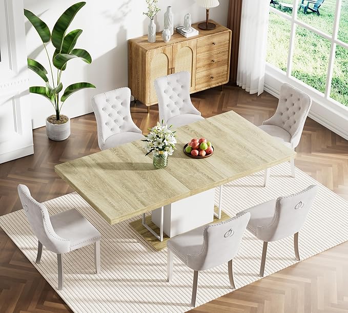 Goujxcy 78.7" Farmhouse Extendable Dining Room Table Set for 6, 7-Piece Rectangle Kitchen Dining Room Table Set with Wood Base and 6 Beige Velvet Dining Chairs, Extending Kitchen & Dining Table Set