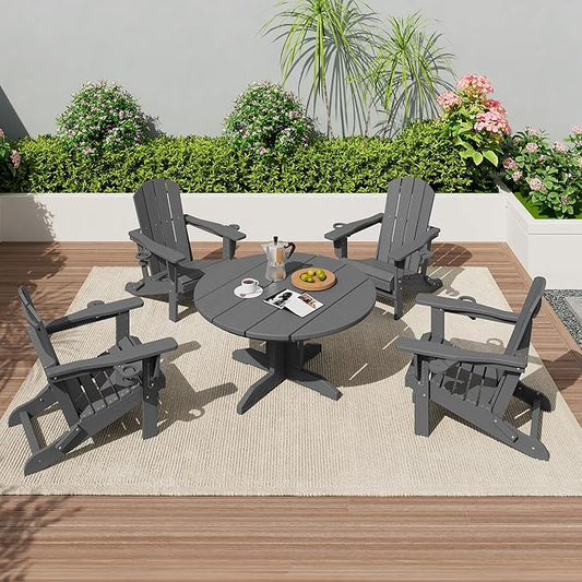 SERWALL 5-Piece Outdoor Round Coffee Table Set - 1 Table & 4 Adirondack Chairs with Cup Holders (Gray)