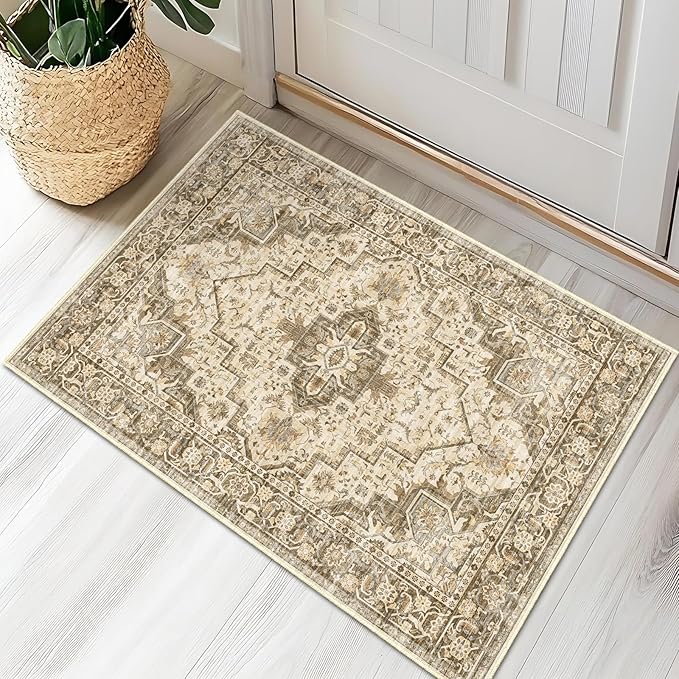 Area Rug 2x3 Washable Door Mat, Vintage Distressed Rug Indoor Entrance Traditional Thin Rug, Floral Print Non Slip Carpet for Kitchen Bathroom Bedroom Living Room (Brown, 2X3)