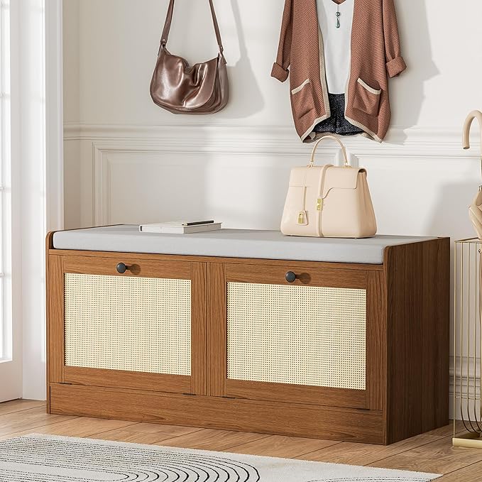 MHOM Rattan Shoe Bench for Entryway, Hallway and Bedroom - Boho Bench with Storage Cabinets and Seat Cushion - Wooden Storage Bench Fits up to Size 16, Brown