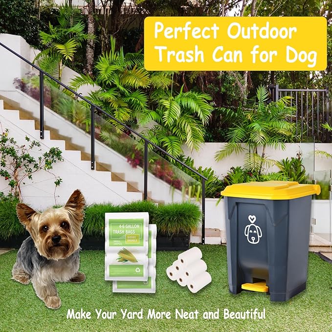 Outdoors Dog Poop Trash Can with Lid & 290PCS Waste Bags, Cute Dog Waste Trash Can for Yard, Home, Garden, Kitchen, 15 Litre Removable Inner Bin, Plastic Gray & Yellow