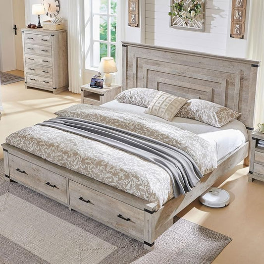 T4TREAM Farmhouse King Size Bed Frame with 54" Tall Geometric Headboard & 2 Large Storage Drawers, Rustic Wood Platform Bed with Wood Slats Support, No Box Spring Needed, Light Rustic Oak