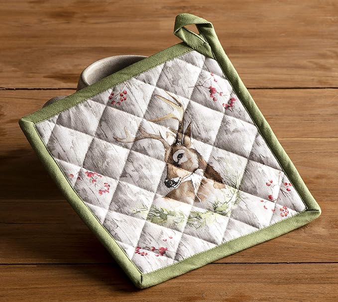 Maison d' Hermine Pot Holders Set 100% Cotton Heat Resistant Potholders 8" x 8" Hot Pads with Loop for Thanksgiving Christmas Decorations BBQ Baking Handling Hot Pans (Pack of 2, Mountain Life)