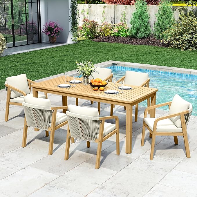 7-Piece Outdoor Dining Set for 6 with 23" Extra Wide Chair and Cushion，Patio Table and Chairs Set with All Acacia Wood Frame, All-Weather PE Rattan Outdoor Patio Furniture Set for Lawn Garden, Beige