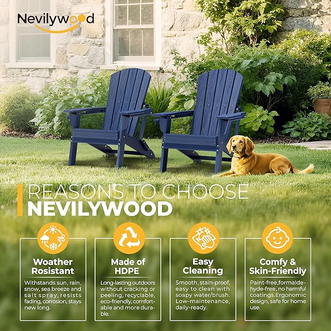 nevilywood Folding Adirondack Chair - Extended Ergonomic Backrest, Cup Holder - Easy Assembly - Durable HDPE Plastic, Weather Resistant & Maintenance-Free - Lawn, Patio, Deck Supports 380lbs NavyBlue