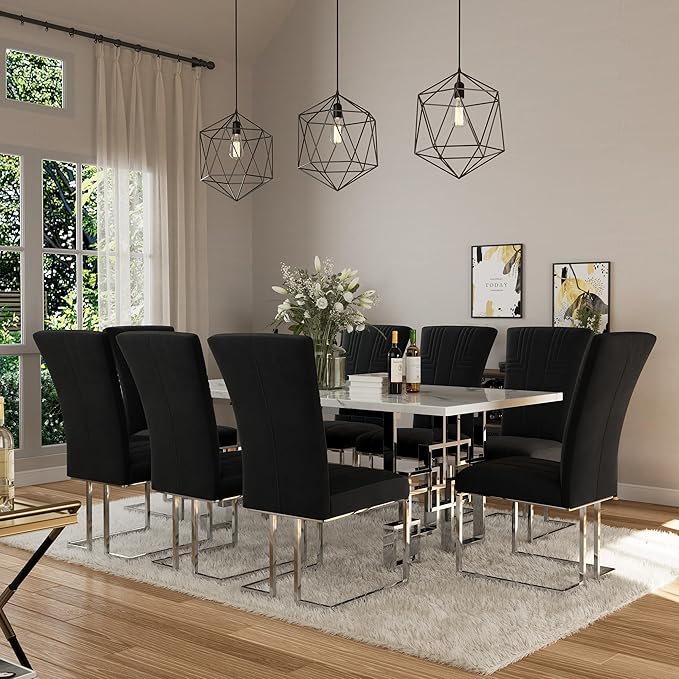 AUZ Dining Chairs Set of 10, Black and Silver Dining Chair with Velvet Upholstery and Mirrored Silver Sled Legs