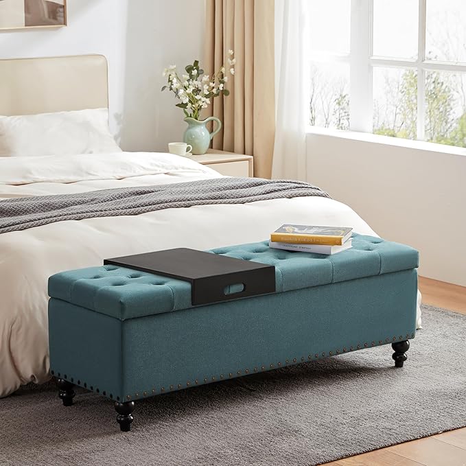 HUIMO 51-inch Storage Ottoman Bench with Removable Tray, Bedroom Bench with Button-Tufted, Safety Hinge Ottoman in Upholstered Fabrics, Large Long Bench for Living Room, Bedroom (Teal)