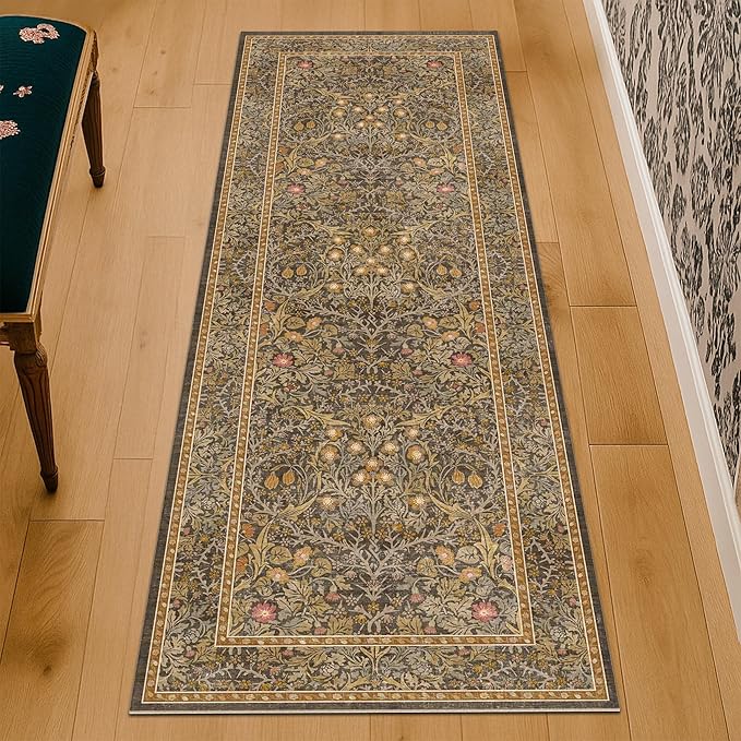 Non Slip 2x8 Gold Brown Long Hallway Runner Rug - Washable Entryway Rug, Stain Resistant Kitchen Floor Mat - Vintage Floral Indoor Décor, Low Pile & Soft Carpet