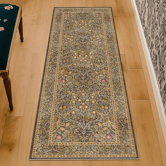 Brown 2'6" x 10' Hallway Runner Rug Non Slip - Stain Resistant Washable Kitcehn Rug, 10ft Extra Long Entryway Indoor Mats, Soft Boho Vintage Gold Brown Floral Indoor Décor