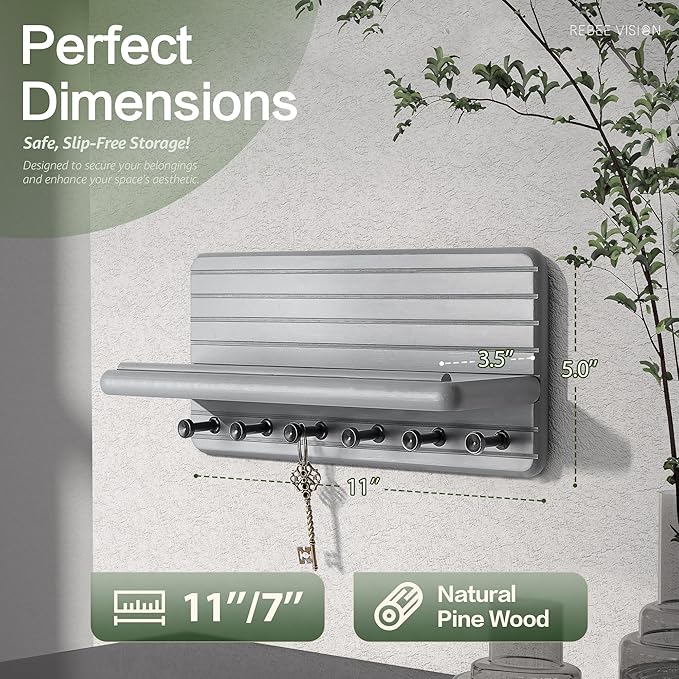 Rebee Vision Decorative Key Holder Wall Mount for Room Decor Aesthetic – Modern 11-inch Pine Wooden Key Holder for Wall with 6 Hooks & Floating Shelf - Sleek Home Improvement Essential (Gray)