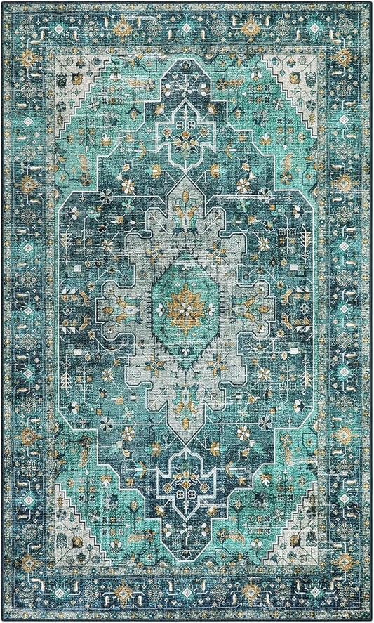 Moynesa Ultra-Thin Washable Vintage Area Rug - 3x5 Boho Entry Throw Rug Non-Slip Oriental Medallion Bedroom Mat Non-Shedding Indoor Floor Carpet for Living Laundry Room, Teal/Mutil