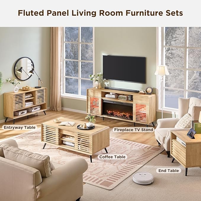 RedLemon 48" Lift top Coffee Table, mid Century Modern Coffee Table with Slatted Sliding Door, Hidden Storage Compartment, 4 Storage Shelves, Center Table for Living Room, Office, Natural Oak