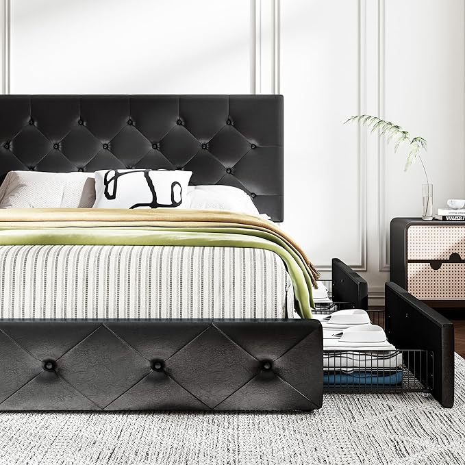 MUTICOR King Size Bed Frame with 4 Storage Drawers, Upholstered Platform Bed with Button Tufted Adjustable Headboard, No Box Spring Needed, Easy Assembly, Diamond Tufted, Black Leather