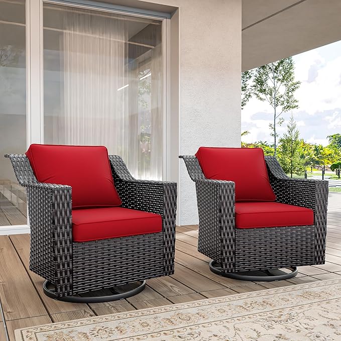 Outdoor Swivel Chairs Set of 2, Luxury Wicker Patio Chair with Wide Armrest, Thickened Cushions, Outdoor Rattan Furniture for Deck, Porch Use