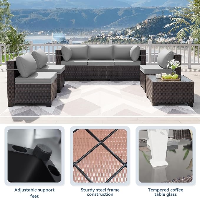 Kurapika 12 Pieces Patio Furniture Set, Rattan Wicker Sofa Set, Outdoor Conversation Sets w/Swivel Rocking Chairs Patio Sectional Sofa w/4 Inch Cushion, Grey