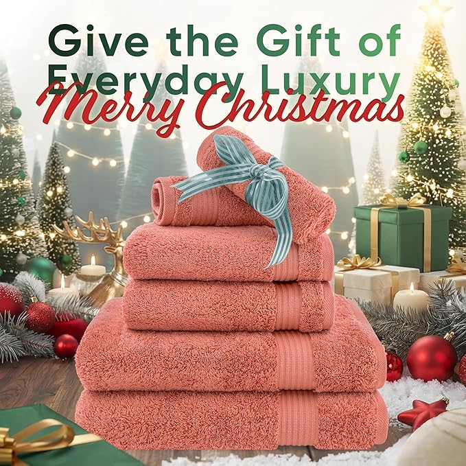American Veteran Towel, 6 Piece Towel Set for Bathroom, 100% Cotton Turkish Bathroom Towels, 2 Bath Towels 2 Hand Towels 2 Washcloths, Coral