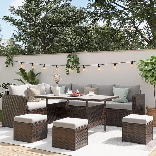 Wisteria Lane 7 Piece Patio Furniture Set, High Curved Back Wicker Outdoor Sectional with Dining Table, All Weather Wicker Outdoor Dining Set, Patio Conversation Set with Ottoman, Grey