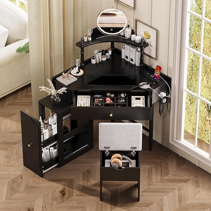 Merax Corner Vanity Desk Set with Storage Cushioned Stool & Charging Station, Triangle Makeup Desk with Removable Pull-Out Side Cabinet, Glass Tabletop Makeup Vanity with Drawer & Shelf, Black