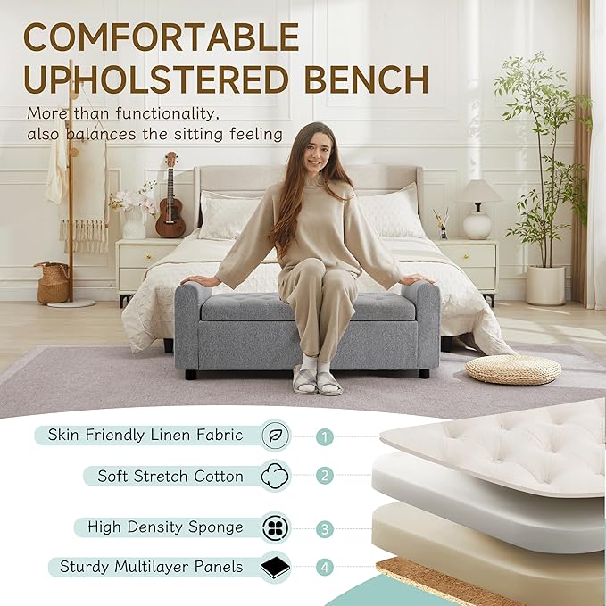 Ottoman with Storage, Tufted Storage Bench for Bedroom, 48" Fabrics End of Bed Bench, Upholstered Entryway Shoe Benches with Rolled Arm & Inner Zipper, Window Ottomans Chest without Rivets, Dark Grey