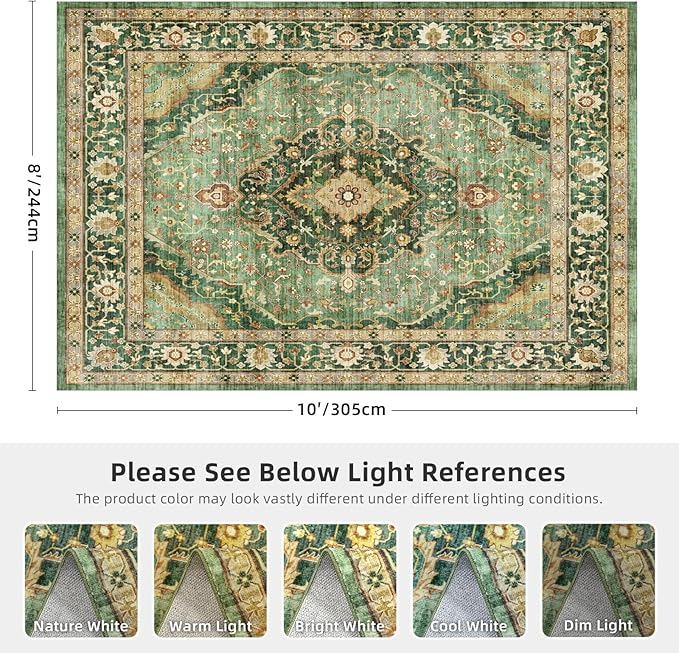 Deerly Green Rug 8x10 Area Rug for Living Room Bedroom Washable Rugs Large Boho 8x10 Rug for Dining Room Carpet Non-Slip Distressed Carpet Rugs Print Floor(Border Green)