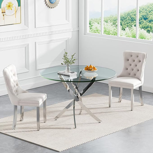 Goujxcy 3 Piece Round Glass Dining Table Set for 2, 36" Round Dining Table & Chair Set Modern Circle Glass Kitchen Table and 2 Velvet Upholstered Chairs for Kitchen Dining (Silver Table & Beige Chair)