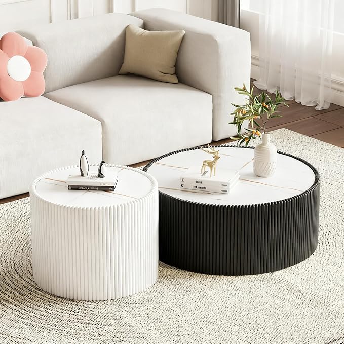 Round Coffee Table Set with Sintered Stone Tabletop, 29.52" Black Drum Center Table and 17.71" White Coffee Table Set, 2 Pieces Living Room Table Set with Fluted PU Leather Cover& Stable Base