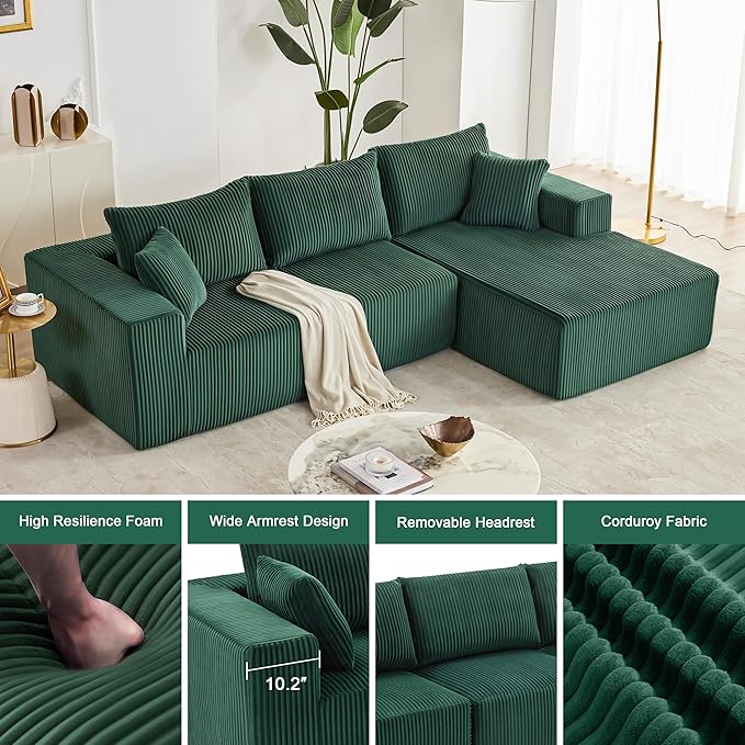 108” Modular Sectional Sofa, Cloud Sectional Couch with Deep Seat, Modern Modular L-Shape Sofa with Chaise,Upholstered Boneless Couches for Living Room Bedroom (Corduroy, Green)