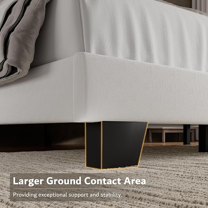 iPormis Queen Platform Bed Frame with Velvet Upholstered Headboard & Thickened Legs, Mattress Foundation with Solid Wooden Slats Support, No Box Spring Needed, Noise Free, White