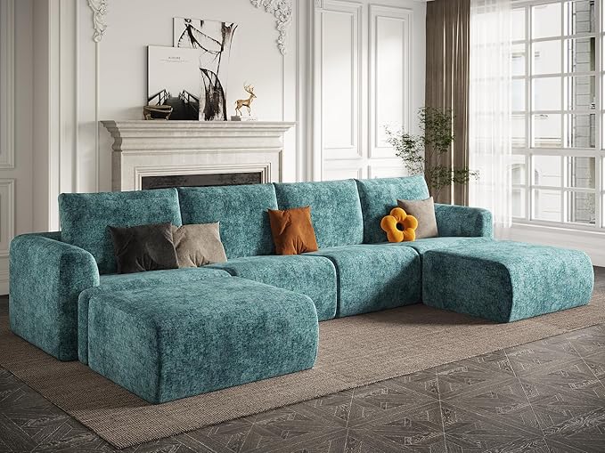 EASE MOOSE Boneless Modular Cloud Couch, Oversized U-Shaped Sectional Sofa for Living Room with Ottoman, Extra Large Movable Couches, 6-Deep-Seat Sofas for Bedroom, Apartment, Chenille (Blue)
