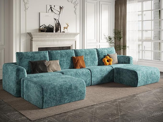 EASE MOOSE Boneless Modular Cloud Couch, Oversized U-Shaped Sectional Sofa for Living Room with Ottoman, Extra Large Movable Couches, 6-Deep-Seat Sofas for Bedroom, Apartment, Chenille (Blue)